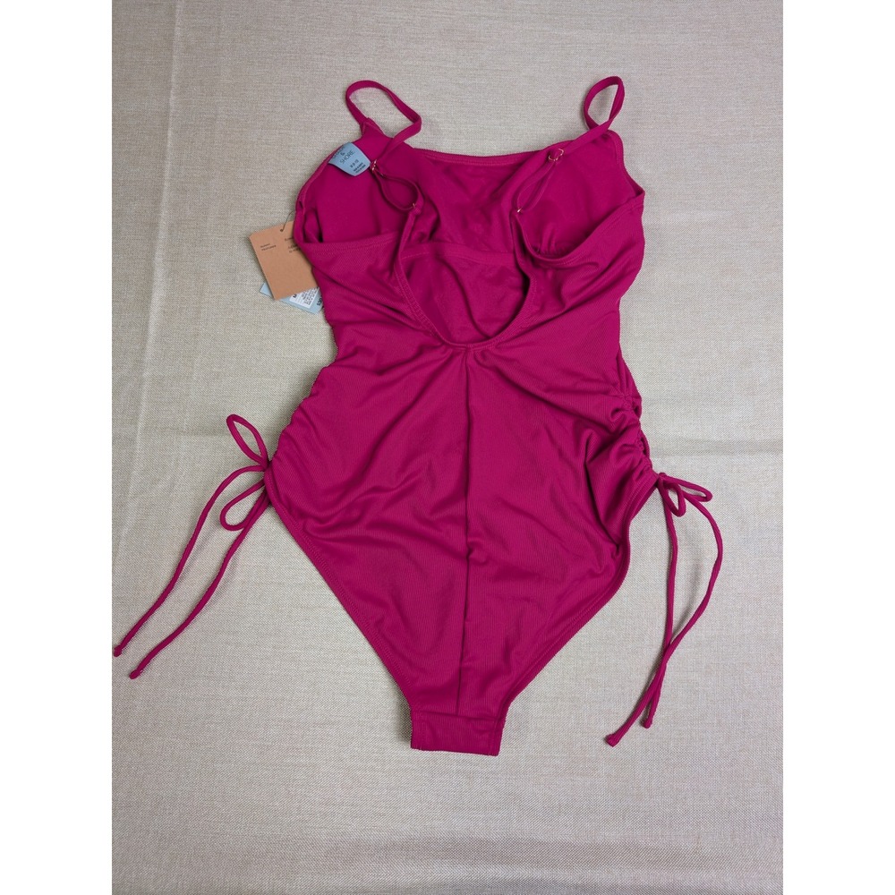 Shade & Shore One Pc Swimsuit Womens M 8/10 Pink NWT Ribbed Cinched Side Ruched - Picture 3 of 4